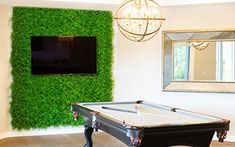 a pool table in front of a moss wall