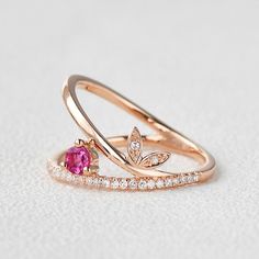 Natural Ruby & Moissanite Inspired Ring - Felicegals Rose Gold Ruby Ring With Diamond Round Band, Rose Gold Ruby Ring With Diamond Accents, Rose Gold Sapphire Ring With Diamond, Rose Gold Stackable Sapphire Ring, Stackable Rose Gold Sapphire Ring, Rose Gold Round Sapphire Cubic Zirconia Ring, Round Rose Gold Cubic Zirconia Sapphire Ring, Ruby Birthstone Ring, Vintage Gold Engagement Rings