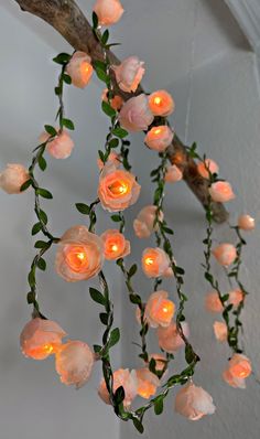 a bunch of flowers that are hanging from a branch with some lights on top of it