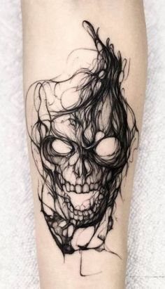 a black and white skull tattoo on the leg