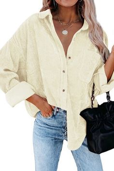 Beige Corduroy Long Sleeve Button Up Top – Bombshell Boutique TX Khaki Button Up Shirt Outfit, Button Up Shirt Outfit Women, Button Up Shirt Outfit, Corduroy Blouse, Leopard Jacket, Lapel Coat, Loose Coats, Moda Plus, Collars For Women