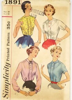 "Offered is a fabulous VINTAGE pattern made by Simplicity that features a lovely, everyday wear blouse!  The blouse \"features back-buttoning with high round neckline, soft gathers where blouse front meets forward shoulder seam, box pleat at center front with an outside tuck at each side.\"  Long, short, and sleeveless options.  A monogram transfer is included.   Size 16 (bust 36\", waist 28\", hip 38\"). FACTORY FOLDED with IRON ON TRANSFER.  The envelope is clean and in good shape (it's getting a little brownish from age)." Retro Collared Top For Vintage Fashion, Retro Style Fitted Blouse For Daywear, Fitted Retro Blouse For Daywear, Retro Fitted Blouse For Daywear, Fitted Vintage Shirt For Vintage Fashion, Classic Blouse With Buttons For Vintage Fashion, Vintage Daywear Tops, Retro Blouse For Workwear, Fitted Vintage Tops With Vintage Print