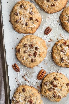 chocolate chip cookies with pecans and coconut flakes