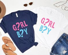 "Girl or Boy Shirt, Gender Reveal Party Shirt, Gender Reveal Shirt, Gender Reveal Party, Gender Reveal TShirt HOW TO ORDER 1) Select desired shirt type, size, and color. 2) Choose desired number (quantity) of shirts. 3) If required, enter personalization into the personalization text box. 4) Click \"Add to Cart.\" If you want multiple shirts, repeat steps 1 through 3 for each shirt. If not, you can complete the checkout process. Handling time is typically 1-3 business days.  We don't accept RETURNS or EXCHANGES, but if there is something wrong with your order please message us so I can help you. We don't guarantee sending the same brand shirt shown in the listing." Blue Tops For Summer Gender Reveal, Trendy Graphic Print Tops For Gender Reveal, Trendy Graphic Print T-shirt For Gender Reveal, Matching Graphic Print T-shirt For Gender Reveal, Gender Reveal T-shirt With Name Print, Cute T-shirt With Name Print For Gender Reveal, White T-shirt With Funny Print For Gender Reveal, Gender Reveal Shirts, Branded Shirts