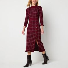 This Studio 1 women's long midi sweater dress is a super cozy yet elegant style you can wear to meetings or a dinner. It's crafted from a two-tone textured jacquard with a high mock neck, cozy trims and a button-adorned leg split. Wear it with booties. Closure Type: Pullover HeadNeckline: Mock NeckSleeve Length: 3/4 SleeveSleeve Style: Ruffled SleeveApparel Length: 48.5 InchesDress Length: Midi LengthFiber Content: 78% Rayon, 22% PolyesterFabric Description: JacquardCollar: Mandarin CollarCare:… Casual Burgundy Midi Dress For Fall, Holiday Long Sleeve Midi Dress, Fall Dress For Date Night With 3/4 Sleeve, Fall Date Night Dress With 3/4 Sleeve, Midi Sweater Dress For Work In Fall, Long Sleeve Dress For Workwear During Holiday, Long Sleeve Holiday Dresses For Work, Long Sleeve Dresses For Workwear During Holidays, Chic 3/4 Sleeve Midi Dress For Fall