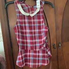 Nwt Plaid Blouse Perfect Condition Casual Sleeveless Plaid Blouse, Retro Pink Sleeveless Top, Sleeveless High Neck Blouse, Flannel Blouse, 60s Mod, Velvet Blouses, Front Tie Shirt, Animal Print Blouse, Long Sleeve Flannel