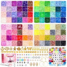 many different colors of beads and other items for making beaded bracelets or necklaces