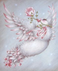 a painting of a white bird with pink flowers on it's wings