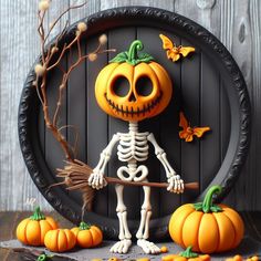 a skeleton holding a broom in front of some pumpkins on a wooden table with butterflies around it