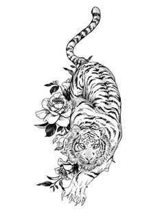 an ink drawing of a tiger with flowers on it's back legs and tail