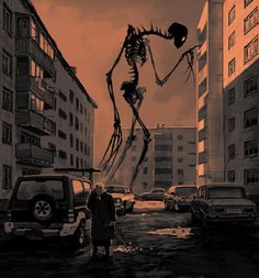 a skeleton is standing in the middle of a city street with cars and buildings behind it