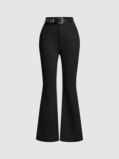 Black Color Vintage Style Women's Flared Western  Trousers With Leather Belt Boho Flare Leggings Concert Women Outfit Old Money Style Black Elegant   Woven Fabric Plain Flare Leg Non-Stretch  Women Clothing, size features are:Bust: ,Length: ,Sleeve Length: Old Money Style Black, Estilo Old Money, Outfit Old Money, Show Look, Velvet Tracksuit, Retro Pants, Brown Leggings, Women Cargo Pants, Fall Pants