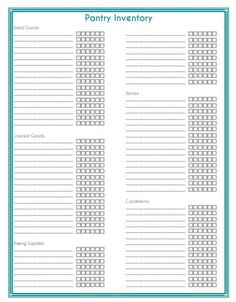 a printable pantry inventory sheet with the words pantry inventory written in blue on it