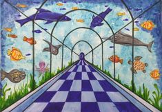 this is an image of a blue and white checkered floor with fish on it