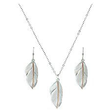 Use the subtle softness of feathers to complement your look with Montana Silversmiths\u00ae Downy Feather Jewelry Set. Delicate striation details on each feather capture the softness of this jewelry set. Each feather features a small vein of rose gold finish along the shaft. Matching earrings swing from hypoallergenic, stainless steel French hooks. 99% fine silver plate and 14 kt. rose gold with brass base. Lobster clasp on necklace. Chain length: 19". Necklace pendant: 0.75"L x 0.25"W. Earring Montana Silversmith Jewelry, Western Necklaces, Feather Necklace, Feather Jewelry, Feather Necklaces, Western Jewelry, Themed Jewelry, Women Accessories Jewelry, Matching Earrings