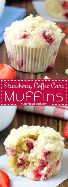 strawberry coffee cake muffins on a wooden table with strawberries