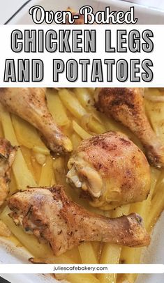 chicken legs and potatoes in a pan with text overlay