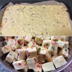 two pictures side by side, one with cake batter and the other with marshmallows