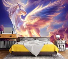 a bedroom with a large wall mural depicting a white horse running through the sky and clouds