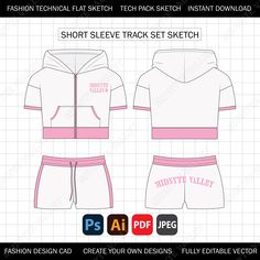 the front and back view of a short sleeve track suit with pink trimmings