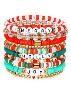 Christmas Holiday Bracelet Pack, 10 Pcs - Elegant Stackable Bracelet Set Boho Style Hand String Suitable For Christmas Gift - No Feather, Seasonal Party Jewelry Accessory,Christmas Color    Polymer Clay     Event & Party Supplies, size features are:Bust: ,Length: ,Sleeve Length: Xmas Beads, Make Clay Beads, Holiday Bracelets, Lucky Charm Bracelet, Polymer Clay Bracelet, Bracelet Pack, Surfer Bracelets, Christmas Clay, Christmas Decorations Diy Outdoor