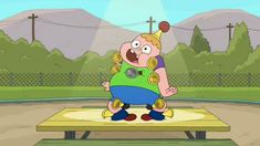 a cartoon character standing on top of a wooden bench