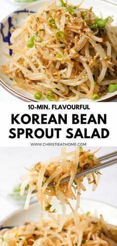 korean bean sprout salad in a bowl with chopsticks