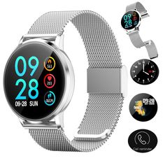 an image of a smart watch with stainless steel band and different colors on the screen