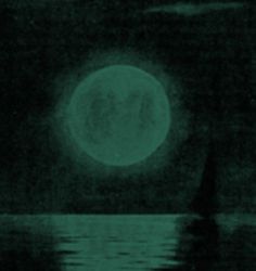 a full moon is seen over the water in this black and white photo, with green hues