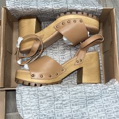 Never Worn. Approx 2.5” Heel. Taupe And Tan Color. Wood And Leather. Trendy Brown Closed Toe Block Heels, Trendy Brown Sandals With Reinforced Heel, Steve Madden Slinky, Steve Madden Platform Heels, White Platform Heels, Steve Madden Platform, Steve Madden Pumps, Chunky Platform Sandals, Flatform Sneakers