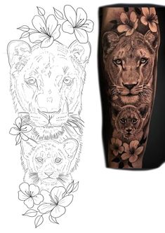 an image of a tiger and her cub tattoo on the left leg with flowers around it