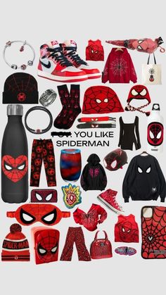 the spiderman costume is displayed with other items and accessories on it's side