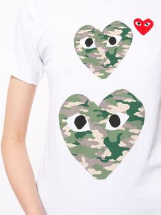 White cotton logo-print new neck T-shirt from Comme Des Garçons Play featuring a camouflage print, a printed logo to the front, a crew neck, short sleeves and a straight hem. | Comme des Garçons PLAY logo-print new neck T-shirt Comme Des Garcons Logo, Logo Play, Camo Heart, Play Heart, Play Comme Des Garcons, Heart Tee, Comme Des Garcons Play, Embroidered Heart, Heart Logo