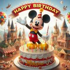 a mickey mouse birthday cake with balloons