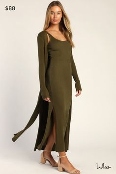 Twice as nice, the Lulus Layer Lover Olive Ribbed Knit Two-Piece Dress & Cardigan Set brings double the cozy vibes! This ribbed knit sleeveless sweater dress boasts a scoop neckline and a sheath silhouette, with dual slits along the ankle-length hem. Matching duster-length cardi has a long open-front design and coordinated side slits, perfect for showing off a cute boot! Fit: This garment fits true to size. Length: Ankle length. Size medium Bust: Great for any cup size. Waist: Fitted - stretchy Olive Green Sweater Dress, Olive Sweater Dress, Olive Sweater, Dress Cardigan, Cardigan Dress, Twice As Nice, Sleeveless Sweater Dress, Cardigan Set, Effortlessly Chic Outfits