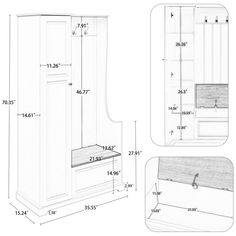 the measurements for an armoire cabinet with drawers and cupboards on each side are shown