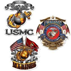 four marine emblems are shown in three different colors