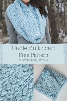 a woman wearing a blue cable knit scarf with text that reads cable knit scarf free pattern