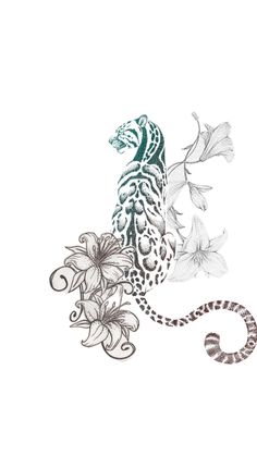 a drawing of a lizard with flowers on it's back and the tail curled up