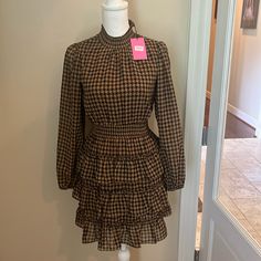 Beautiful Brown/Black Check Design Dress By Thml. Elastic Waist And Neck. Tiered Ruffle Skirt.Measures 32 1/2 From Shoulder To Bottom Of Dress. Tiered Fall Workwear Dresses, Tiered Dresses For Fall Workwear, Fitted Brown Tiered Dress, Fitted Tiered Brown Dress, Fitted Tiered Mini Dress For Fall, Check Design Dress, Cute Fall Dress, Cold Shoulder Shift Dress, Floral Babydoll Dress