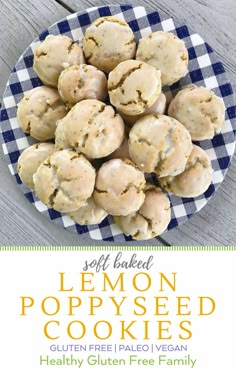 lemon poppy seed cookies on a blue and white checkered plate with text overlay