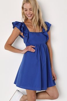 Marvelous Time Cobalt Blue Ruffled Mini Dress Winter Formal Dress Blue, Lds Hoco Dresses, Blue Dresses Summer, Semi Formal Sorority Dresses, Ruffle Top Dress, Royal Blue Sundress, Cute Mini Dresses Formal, Where To Buy Dresses Online, Modest Short Dresses