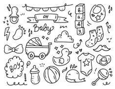 hand drawn doodle style baby items and things for the child's room, black and white