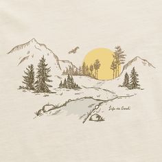 a white shirt with trees and mountains in the background