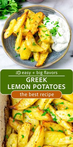 two plates filled with lemon potatoes on top of a white tablecloth and the title overlay reads, 10 easy big flavors greek lemon potatoes