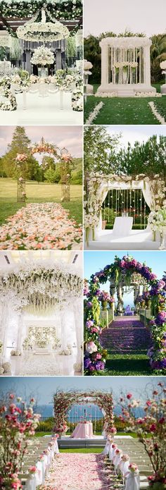 the wedding ceremony is decorated with white and pink flowers