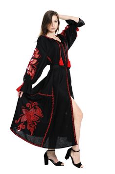 Hand cutwork embroidered maxi linen dress "Wonderflower" black, kaftan dress, red embroidery, best g Black Folk Style Summer Dress, Black Folk Embroidered Summer Dress, Black Embroidered Maxi Dress For Spring, Black Floral Embroidered Beach Maxi Dress, Elegant Embroidered Maxi Dress For Festival, Red Embroidered Maxi Dress For Festival, Black Long Sleeve Embroidered Beach Dress, Black Floral Embroidered Kaftan For Festivals, Summer Black Kaftan With Floral Embroidery