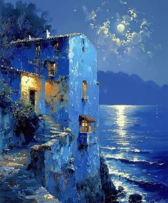 a painting of a blue house on the cliff by the ocean at night with full moon