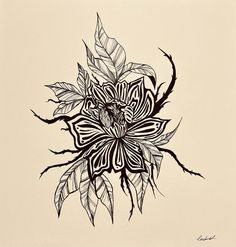 a black and white drawing of a flower with leaves on the bottom half of it