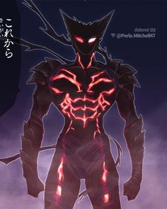 an anime character with red lights on his chest and arms, standing in front of the sky